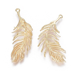 Real 18K Gold Plated Brass Pendants, Feather, Real 18K Gold Plated, 37.5x12.5x1.5mm, Hole: 1.2mm