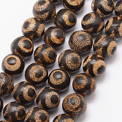 Black Tibetan Style 3-Eye dZi Beads, Natural Weathered Agate Bead Strands, Round, Dyed & Heated, Black, 12mm, Hole: 1mm, about 32pcs/strand, 15 inch