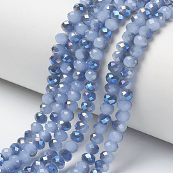 Cornflower Blue Electroplate Glass Beads Strands, Imitation Jade Beads, Half Plated, Blue Plated, Faceted, Rondelle, Cornflower Blue, 6x5mm, Hole: 1mm, about 85~88pcs/strand, 16.1~16.5 inch(41~42cm)
