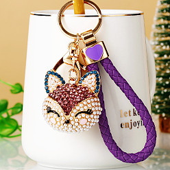 Purple Full Rhinestone Pearl Fox Head Pendant Keychain, with Zinc Alloy Findings and Polyester Cord, for Women's Bag Pendant Decorations, Purple, 100mm