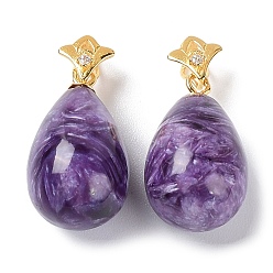 Charoite Natural Charoite Pendants, Teardrop Charms, with Golden Plated Flower 925 Sterling Rhinestone Snap on Bails, 18.5x10mm, Hole: 4x2.5mm