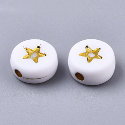 Golden Plated Opaque Acrylic Beads, Flat Round with Star, White, Golden Plated, 7x4mm, Hole: 1.5mm, about 3600pcs/500g