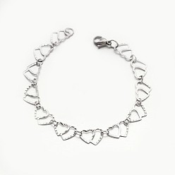 Stainless Steel Color 304 Stailess Steel Heart to Heart Link Chain Bracelets, with Lobster Claw Clasps, Stainless Steel Color, 7-7/8 inch(200mm)