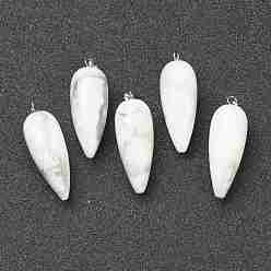 Howlite Natural Howlite Pointed Pendants, with Platinum Brass Findings, Bullet, 32~33x12mm, Hole: 2.5x6mm