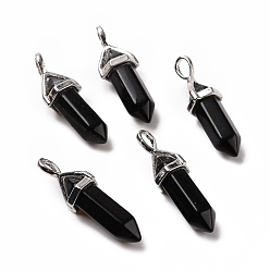 Obsidienne Pendentifs en obsidienne naturelles, facette, avec les accessoires en laiton de tonalité de platine, sans plomb et sans cadmium, balle, 27~30x9~10x7~8mm, Trou: 4x3mm