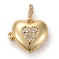 Real 18K Gold Plated Brass Micro Pave Clear Cubic Zirconia Diffuser Locket Pendants, Long-Lasting Plated, Lead Free & Cadmium Free,Heart with Heart, Real 18K Gold Plated, Heart: 19x23x8mm, Hole: 5.5x3mm, Inner Diameter: 17x14mm