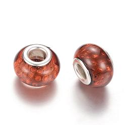Brun Saddle Résine perles européennes, Perles avec un grand trou   , avec noyaux en laiton plaqué couleur argent, rondelle, selle marron, 14x9~9.5mm, Trou: 5mm