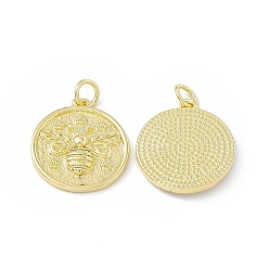 Real 18K Gold Plated Rack Plating Brass Pendants, Long-Lasting Plated, Lead Free & Cadmium Free, Flat Round with Bee Charm, Real 18K Gold Plated, 19x17x3mm, Hole: 3mm