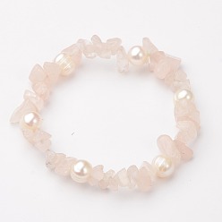 Rose Quartz Gemstone Chip Stretch Bracelets, with Grade B Potato Freshwater Pearl Beads, Rose Quartz, 55mm