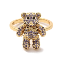 Lilac Cubic Zirconia Bear Open Cuff Ring, Golden Brass Jewelry for Women, Lilac, US Size 7 1/4(17.5mm)