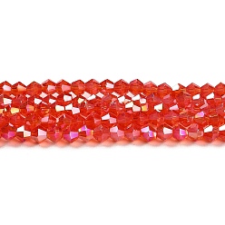 Roja Transparentes cuentas de vidrio electroplate hebras, color de ab chapado, facetados, bicono, rojo, 3.5 mm, sobre 108~123 unidades / cadena, 12.76~14.61 pulgada (32.4~37.1 cm)