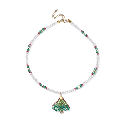 Vert Colliers de perles de verre, Collier pendentif arbre de Noël tressé en perles de mer pour femme, verte, 15-1/2 pouce (39.5 cm)