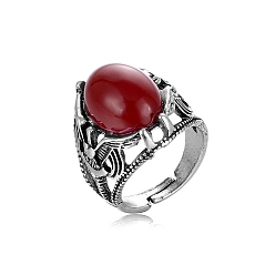 Red Resin Adjustable Finger Ring, Dragon Antique Silver Alloy Finger Ring, Red, Wide: 20~45mm