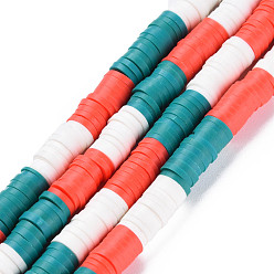 Mixed Color Fixed 3 Color Handmade Polymer Clay Bead Strands, Heishi Beads, Disc/Flat Round, Orange Red & Teal & White, 6x0.3~1.5mm, Hole: 1.6~1.8mm, about 265~354pcs/strand, 12.76 inch~15.67 inch(32.4cm~39.8cm)