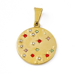 Colorful Rhinestone Pendants, Flat Round Charms, with Vacuum Plating Golden Tone 304 Stainless Steel Findings, Colorful, 21x18x2mm, Hole: 7.5x4mm