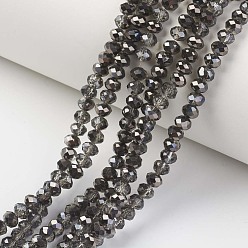 Black Electroplate Transparent Glass Beads Strands, Half Black Plated, Faceted, Rondelle, Black, 4x3mm, Hole: 0.4mm, about 123~127pcs/strand, 16.5~16.9 inch(42~43cm)