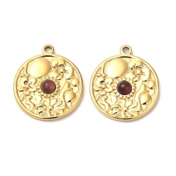 Amethyst Ion Plating(IP) 316 Stainless Steel Flat Round Pendants, Natural Amethyst Flower Charms, Real 24K Gold Plated, 23x20x4mm, Hole: 1.8mm