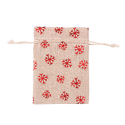 Copo de nieve Lino de tema navideño mochilas de cuerdas, Rectángulo, patrón de copo de nieve, 18x13 cm