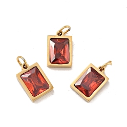 FireBrick Vacuum Plating 304 Stainless Steel Pendants, with Cubic Zirconia and Jump Rings, Single Stone Charms, Rectangle, Golden, FireBrick, 11.5x8x3.5mm, Hole: 3.6mm