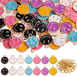 Mixed Color 70Pcs 7 Colors Alloy Enamel Charms, with 70Pcs Iron Open Jump Rings, Cadmium Free & Lead Free, Flat Round with Smiling Face, Light Gold, Mixed Color, Charms: 14.5x12x1.5mm, Hole: 1.5mm, 70pcs, Jump Rings: 6x0.7mm, 21 Gauge, Inner Diameter: 4.6mm, 10pcs/color