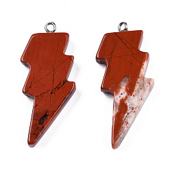 Red Jasper Natural Red Jasper Pendants, Lightning Bolt Charm, with Stainless Steel Color Tone 304 Stainless Steel Loops, 40~44.5x17~20x4.5~6mm, Hole: 2mm
