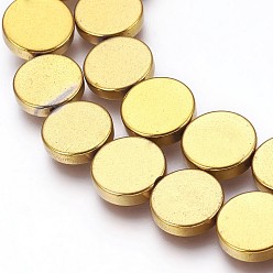Golden Plated Electroplated Non-magnetic Synthetic Hematite Beads Strands, Polish, Flat Round, Golden Plated, 10x2mm, Hole: 0.8mm, about 41pcs/strand, 15.94 inch(40.5cm)