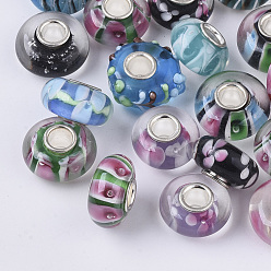 Mixed Color Handmade Lampwork European Beads, Large Hole Beads, with Silver Color Plated Brass Single Cores, Rondelle, Mixed Color, 14x7.5mm, Hole: 4mm