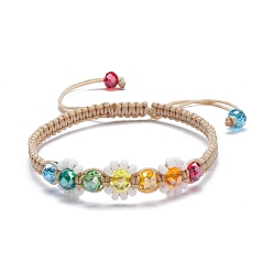 Coloré Bracelet de perles tressées en forme de fleur, Bracelet réglable en perles de verre bling pour femme, colorées, diamètre intérieur: 2-3/8~3-3/4 pouce (6~9.4 cm)