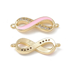 Pink Brass Micro Pave Clear Cubic Zirconia Connector Charms, with Enamel, Real 18K Gold Plated, Infinity Links, Pink, 25x8.5x2.5mm, Hole: 1.2mm