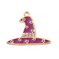 Golden Alloy Rhinestone Pendants, with Dark Orchid Enamel, Witch Hat Charms, Golden, 22x27x1.5mm, Hole: 1.5mm