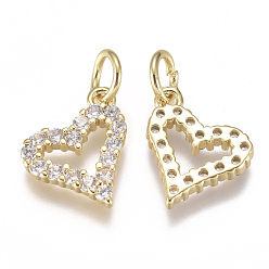 Real 18K Gold Plated Brass Micro Pave Cubic Zirconia Charms, with Jump Ring, Long-Lasting Plated, Heart, Clear, Real 18K Gold Plated, 10x10x2mm, Hole: 3mm