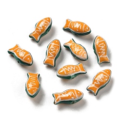 Оранжевый Ручной печатный шарики фарфора, пастельный фарфор, рыба, оранжевые, 11x21.5~22x9 мм, отверстие : 1.5~1.8 мм