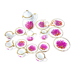 Цветок Мини керамические чайные сервизы, включая чашку, блюдце, чайник, сливочный кувшин, сахарница, миниатюрные украшения, аксессуары для кукольного домика в микроландшафтном саду, притворяясь опорными украшениями, цветочным узором, 15 шт / комплект