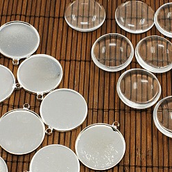 Silver 25mm Transparent Clear Domed Glass Cabochon Cover for Brass Photo Pendant Making, Silver Color Plated, Nickel Free, Pendants: 26x2mm, Hole: 2mm, Glass: 25x7.4mm