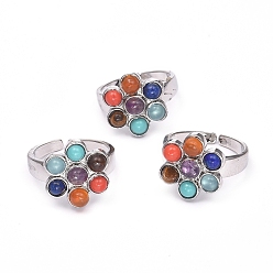 Natural Gemstone Chakra Jewelry, Natural & Synthetic Mixed Stone Cuff Finger Rings, with Glass and Brass Findings, Flower, Size 8, 18mm