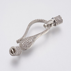 Platinum Brass Micro Pave Cubic Zirconia Fold Over Clasps, Lead Free & Cadmium Free, Hook, Clear, Platinum, 49mm, Hole: 2.5x1mm, Clasp: 13x7x6mm, Hook: 40.5x14.5x6mm