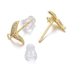 Real 18K Gold Plated Brass Micro Pave Clear Cubic Zirconia Stud Earring Findings, with Silicone Ear Nuts, with Loop, Long-Lasting Plated, Fishtail, Real 18K Gold Plated, 10x10.5mm, Hole: 1mm, Pin: 0.8mm