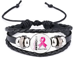 Black Imitation Leather Triple Layer Multi-strand Bracelet, October Breast Cancer Pink Awareness Ribbon Alloy Glass Links Adjustable Bracelet for Women, Black, 7-1/8 inch(18cm)