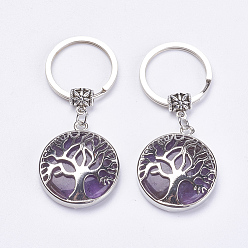 Amethyst Natural Amethyst Keychain, with Brass Finding, Flat Round with Tree of Life, 64mm