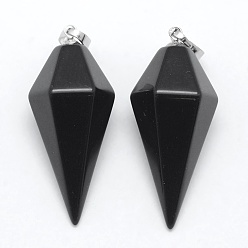 Obsidienne Pendentifs pointus d'obsidienne naturelle, avec les accessoires en laiton, balle, platine, 38.5x16x14.5mm, Trou: 5x8mm