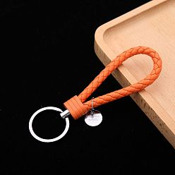 Orange Porte-clés à tricoter en cuir pu, porte-clés bracelet, avec porte-clés en alliage plaqué platine, orange, 12.5x3.2 cm