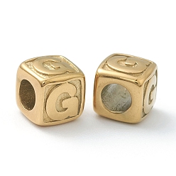 Letter G 304 acier inoxydable perles européennes, Perles avec un grand trou   , trou horizontal, cube avec la lettre, or, letter.g, 8x8x8mm, Trou: 4mm