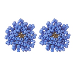 Bleu Royal Boucles d'oreilles à tiges de fleurs en perles de verre tressées, or 304 bijoux en acier inoxydable pour femmes, bleu royal, 25~27x22~23mm, pin: 0.8 mm