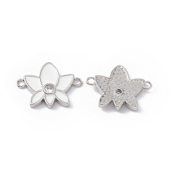 White Rack Plating Brass Pave Clear Cubic Zirconia Connector Charms, Lotus Flower Links, with Enamel, Long-Lasting Plated, Lead Free & Cadmium Free, Platinum, White, 21x16x2.5mm, Hole: 1.8mm