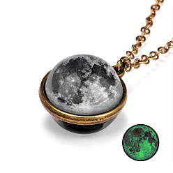 Dark Gray Luminous Glass Planet Pendant Necklace with Antique Golden Alloy Chains, Dark Gray, 19.69 inch(50cm)
