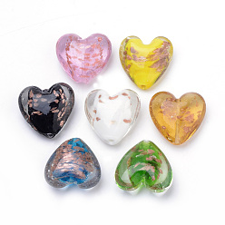 Mixed Color Handmade Gold Sand Lampwork Beads, Heart, Mixed Color, 33~35x34~36x16~17mm, Hole: 2~3mm