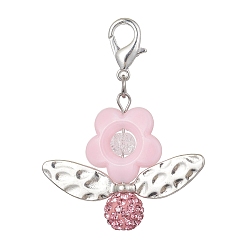 Pink Acrylic Flower Pendant Decoration, with Polymer Clay Rhinestone Beads and Zinc Alloy Lobster Claw Clasps, 52mm