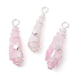 Pink Pendentifs enveloppés de fil de cuivre teints en cristal de quartz naturel galvanisé, charms en forme de larme avec étoile en laiton, couleur argent plaqué, rose, 27~37x7~13x6.5~10.5mm, Trou: 3.5mm
