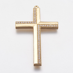 Real 18K Gold Plated Brass Micro Pave Cubic Zirconia Big Pendants, Long-Lasting Plated, Cross, Real 18K Gold Plated, 53.5x32x3mm, Hole: 1.5mm
