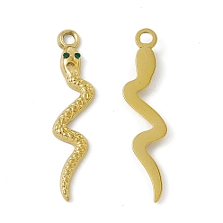 Real 18K Gold Plated Vacuum Plating 201 Stainless Steel Pendants, Emerald Rhinestone Snake Charms, Real 18K Gold Plated, 39x8.5x2mm, Hole: 2.4mm